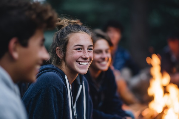 A group of diverse teenagers enjoying a genuine moment of connection and laughter around a campfire, completely disconnected from technology. It captures the essence of friendship and joyful freedom